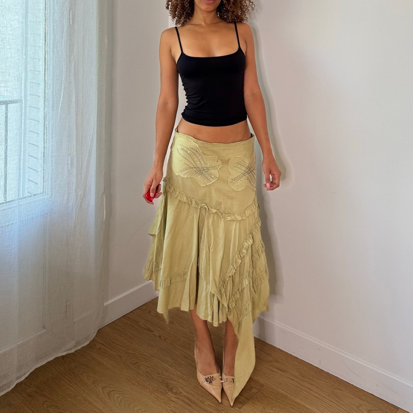 Vintage Sage Green Sequins Floral Asymmetrical Midi Skirt Y2K (S/M)