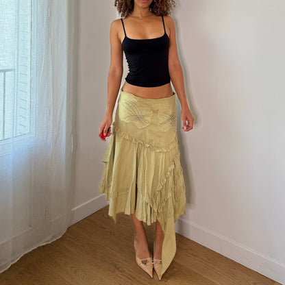 Vintage Sage Green Sequins Floral Asymmetrical Midi Skirt Y2K (S/M)