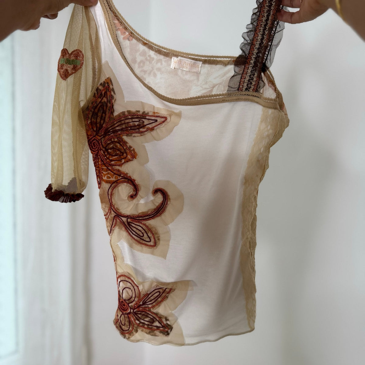 Shirt Passion Italian vintage Y2K cream & brown asymmetrical mesh top with embroidered floral appliqués, leopard print back & one shoulder detail