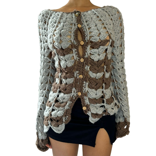 Vintage brown and gray sheer crochet knit coquette cardigan sweater (S) grunge