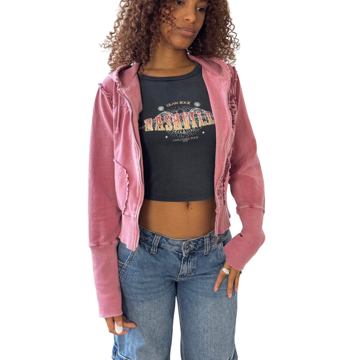 Vintage Morgan de Toi pink zip-up hoodie with graphic print & raw-edge details S