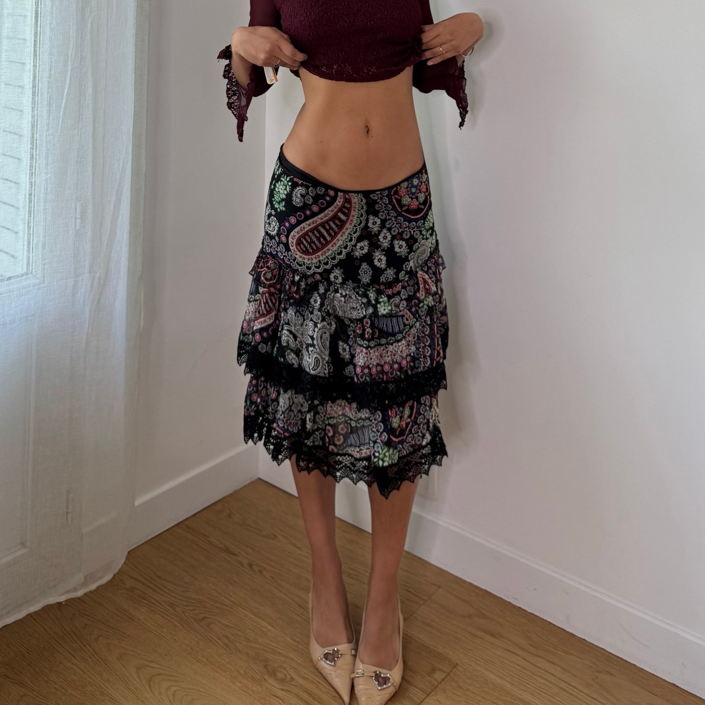 Vintage Pinko Silk Paisley Floral Tiered Midi Skirt Y2K (S/M)