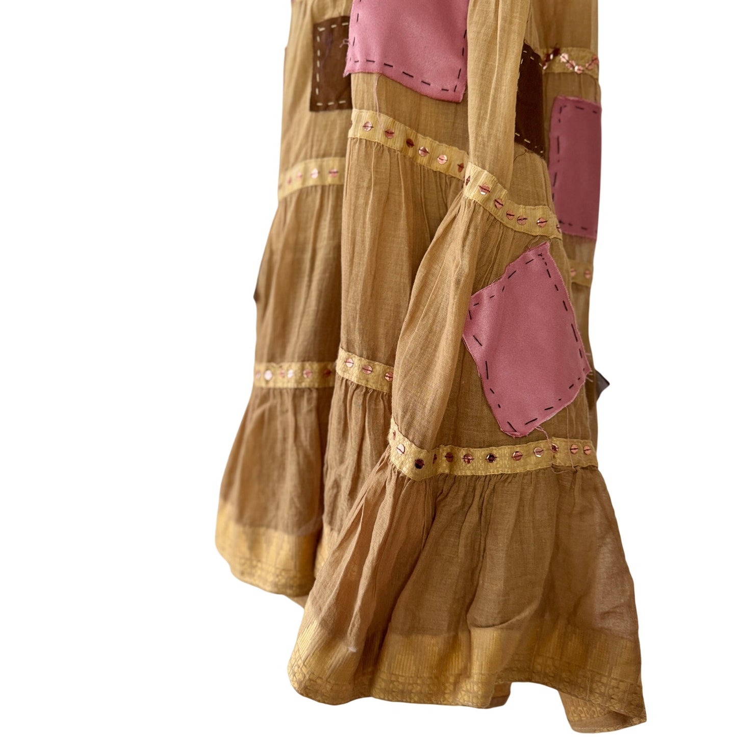 Vintage Euro Patchwork Tiered Maxi Skirt Beige Pink Boho (S)