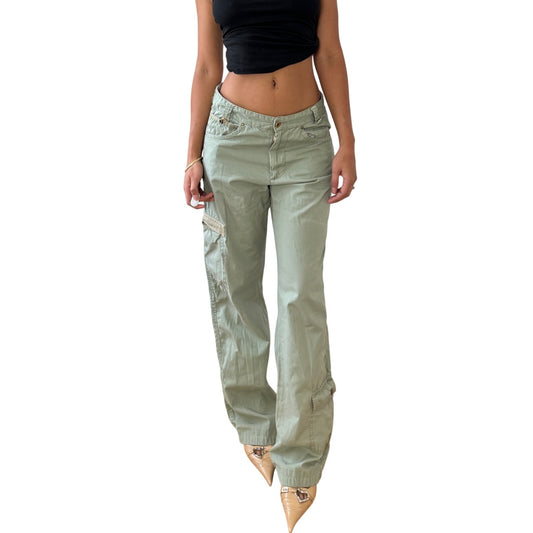 Vintage Italian sage green cotton cargo pants with utility pockets and straight leg (S)