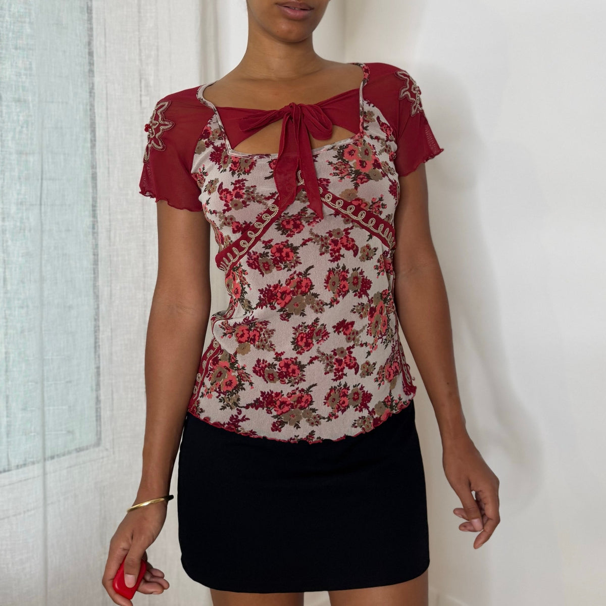 Italian vintage Y2K burgundy floral mesh top with beaded embroidered sleeves and tie-front neckline