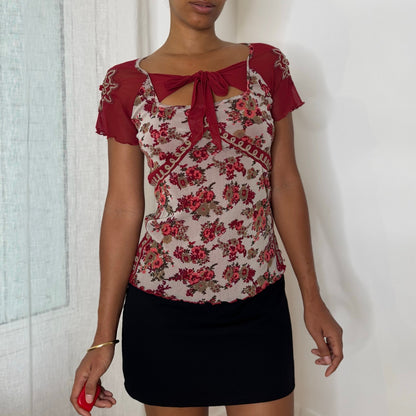 Italian vintage Y2K burgundy floral mesh top with beaded embroidered sleeves and tie-front neckline
