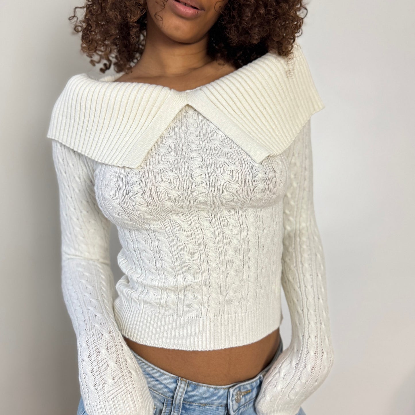 Vintage White Cable Knit Sweater Wide Foldover Collar Fitted Cropped (S)