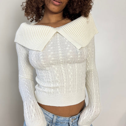 Vintage White Cable Knit Sweater Wide Foldover Collar Fitted Cropped (S)