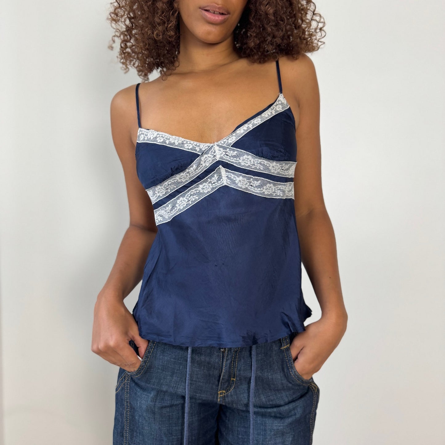 Vintage Benetton navy satin lace trim cami top (Small)