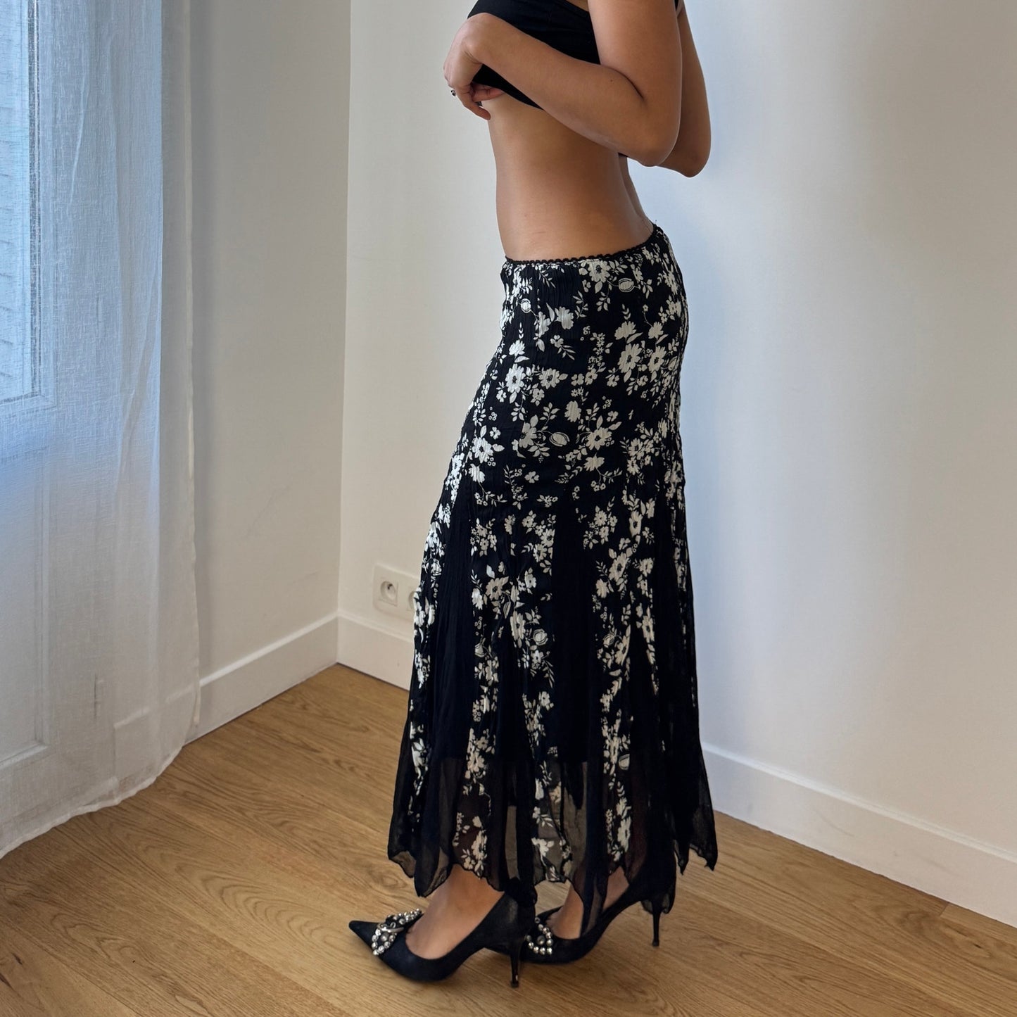 Italian Vintage Black Floral Mesh Midi Skirt Sheer Ruffle Hem (S)