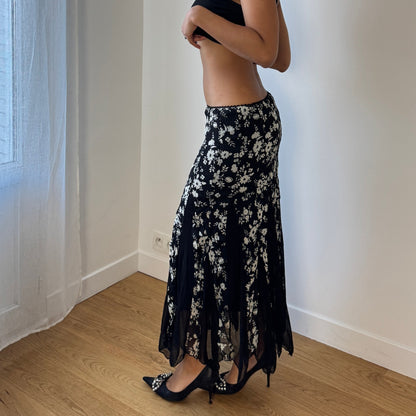 Italian Vintage Black Floral Mesh Midi Skirt Sheer Ruffle Hem (S)