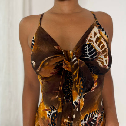 Italian vintage Y2K amber brown & orange abstract paisley print mesh dress with asymmetric ruffle hem