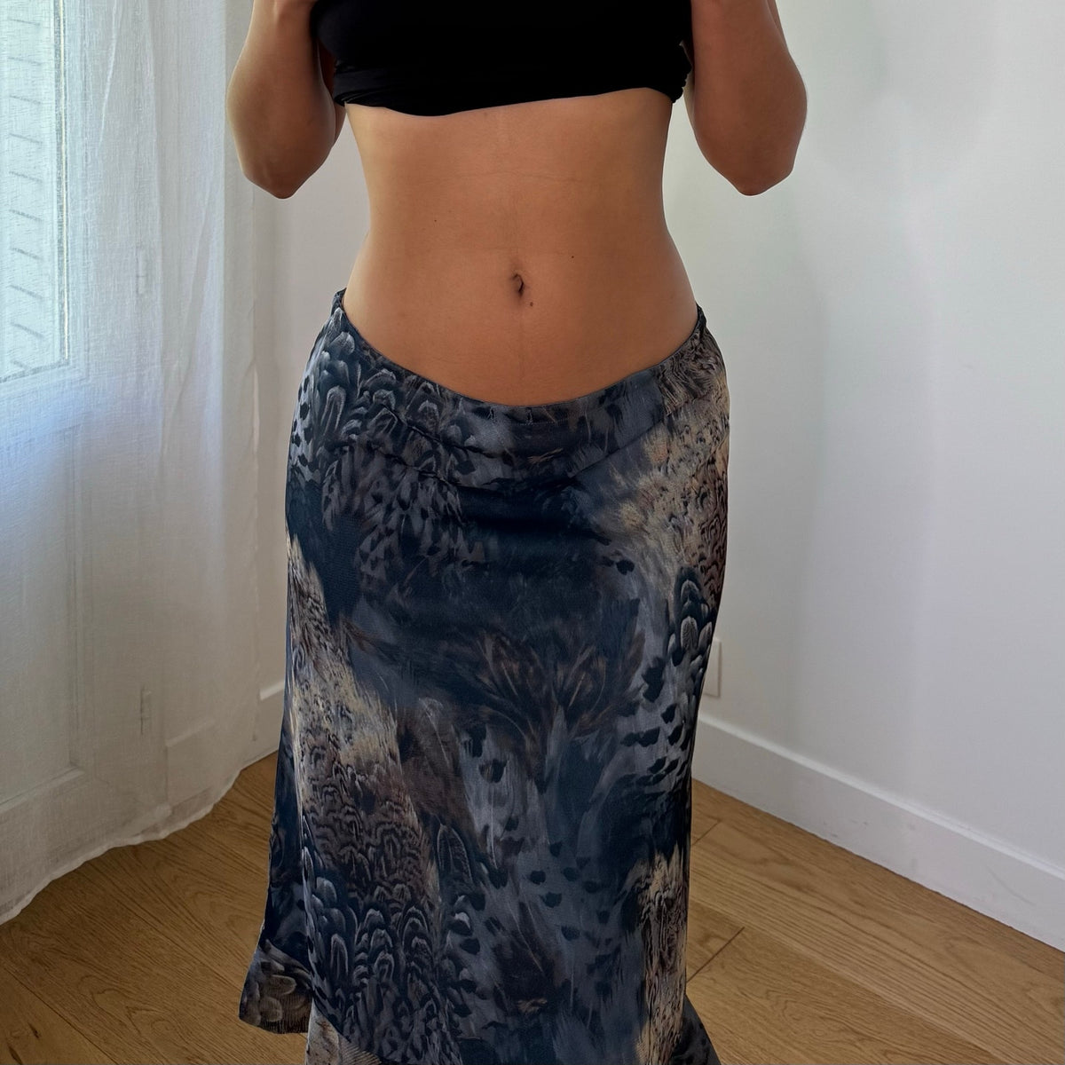 Vintage Blue Grey Abstract Mesh Midi Skirt (S)