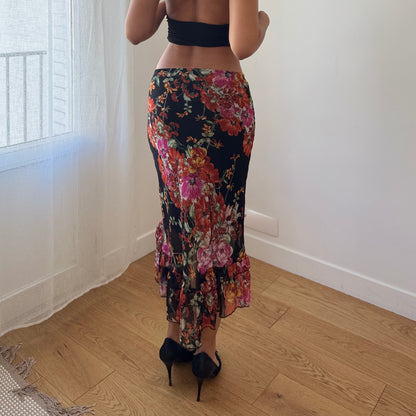 Vintage Italian Black Floral Mesh Midi Skirt Ruffle Hem Sheer (S)