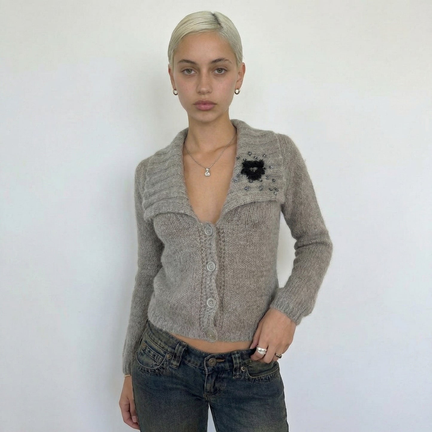 Italian Vintage Taupe Mohair Wool Cardigan Embellished Floral (S)