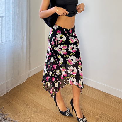 Vintage Italian Black Daisy Floral Mesh Midi Skirt Asymmetrical Ruffle Trim (S)