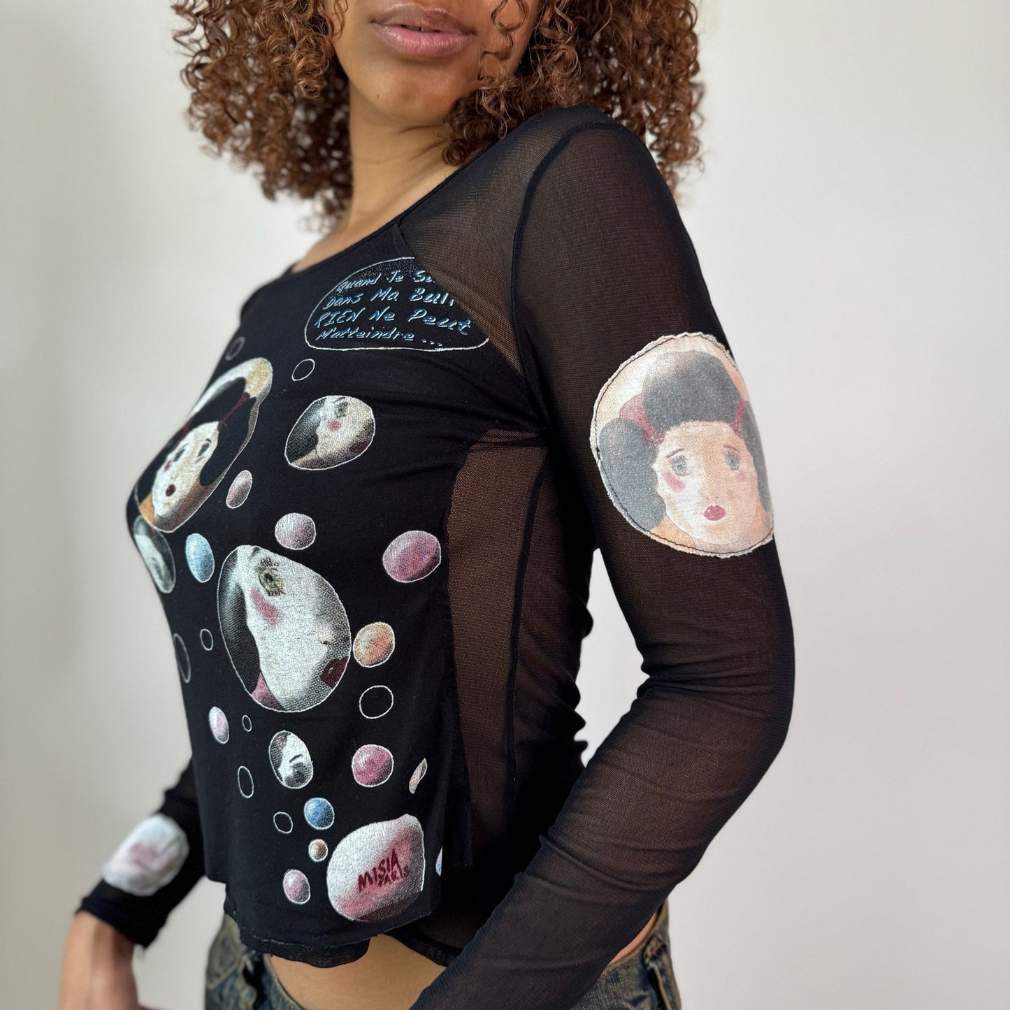 Vintage Black Graphic Mesh Long Sleeve Top (S)
