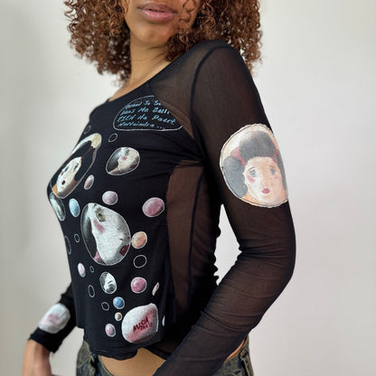 Vintage Black Graphic Mesh Long Sleeve Top (S)