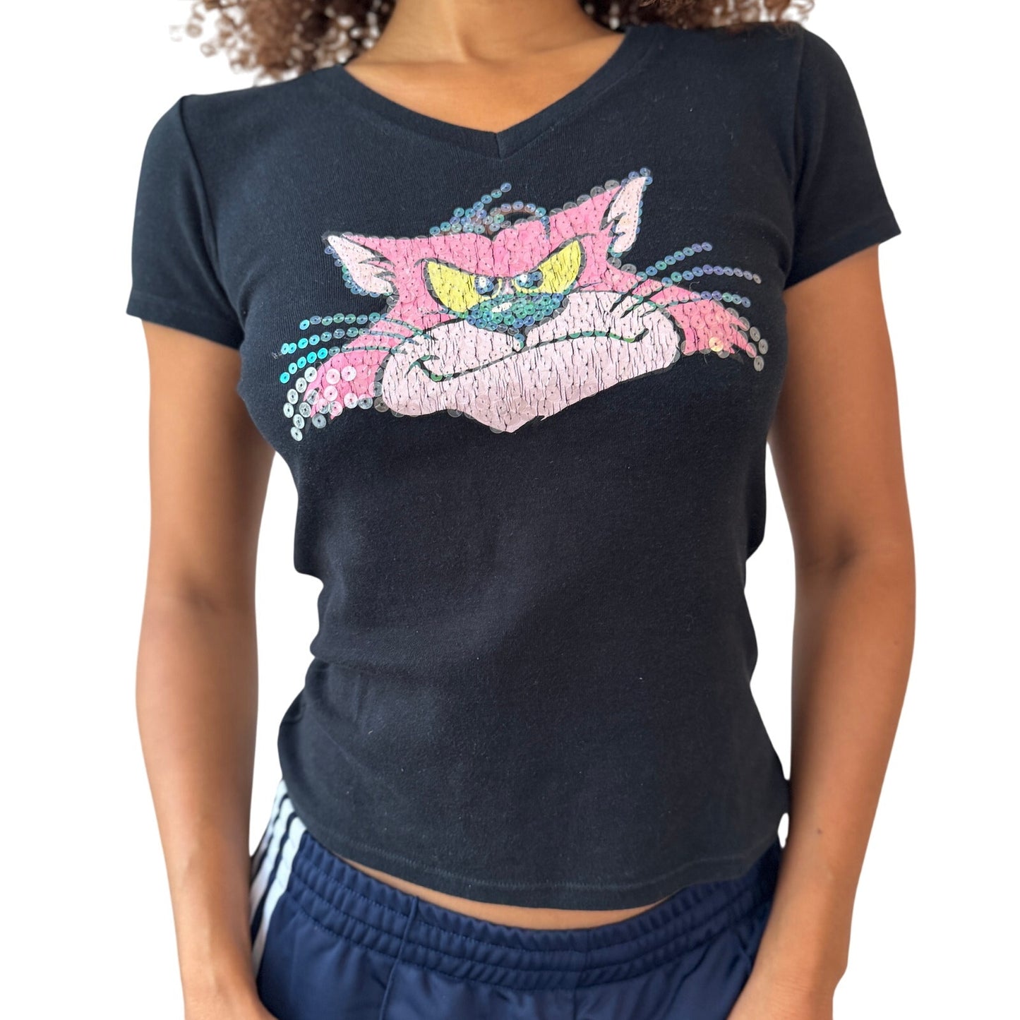 Italian Vintage Benetton Sequin Cat V-Neck Baby Tee (Small)