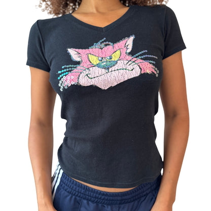 Italian Vintage Benetton Sequin Cat V-Neck Baby Tee (Small)