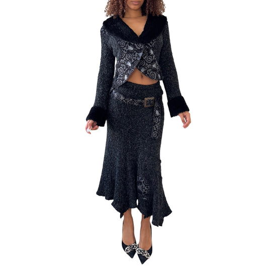 Vintage Italian black wool blend swirl knit skirt set with fuzzy trim (S)