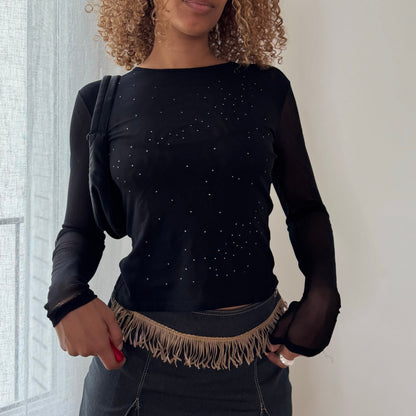 Vintage Benetton Black Mesh Rhinestone Top Sheer Long Sleeve Italian Y2K (S)