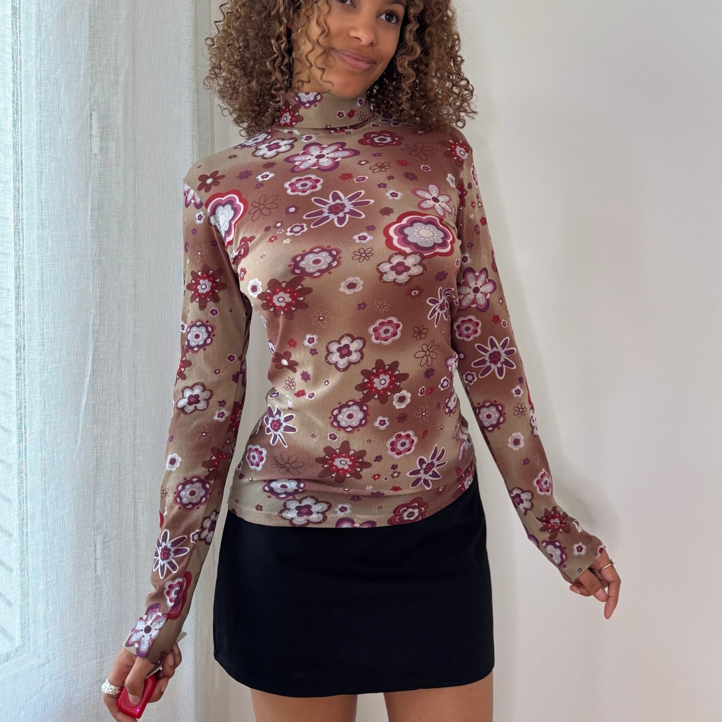 Vintage Taupe Burgundy Pink Floral Mesh Turtleneck Top Euro Y2K (M)