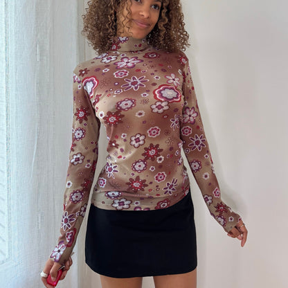 Vintage Taupe Burgundy Pink Floral Mesh Turtleneck Top Euro Y2K (M)