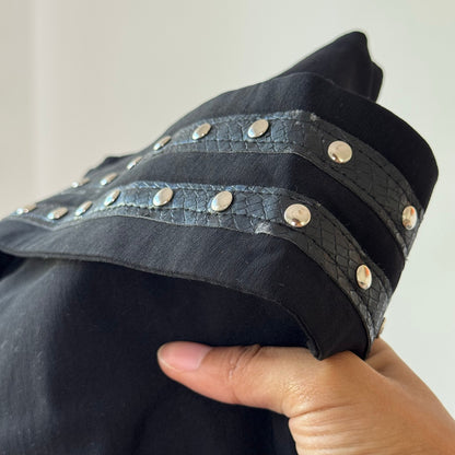 French Vintage Black Studded Low Rise Mini Skirt with Layered Belt Detail