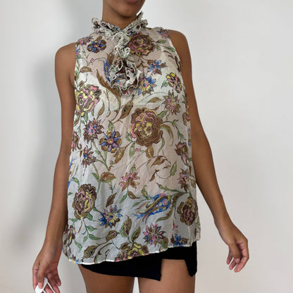 Vintage Italian Sheer Mesh Ruffle-Neck Floral Tunic Top (M/L)