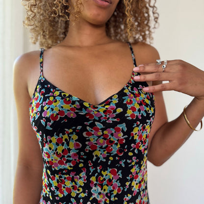 Vintage Black Red Pink Green Floral Mesh Handkerchief Midi Dress Y2K (M)