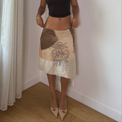 Vintage Italian Suede Leather Beaded Lace Up Skirt (S/M)