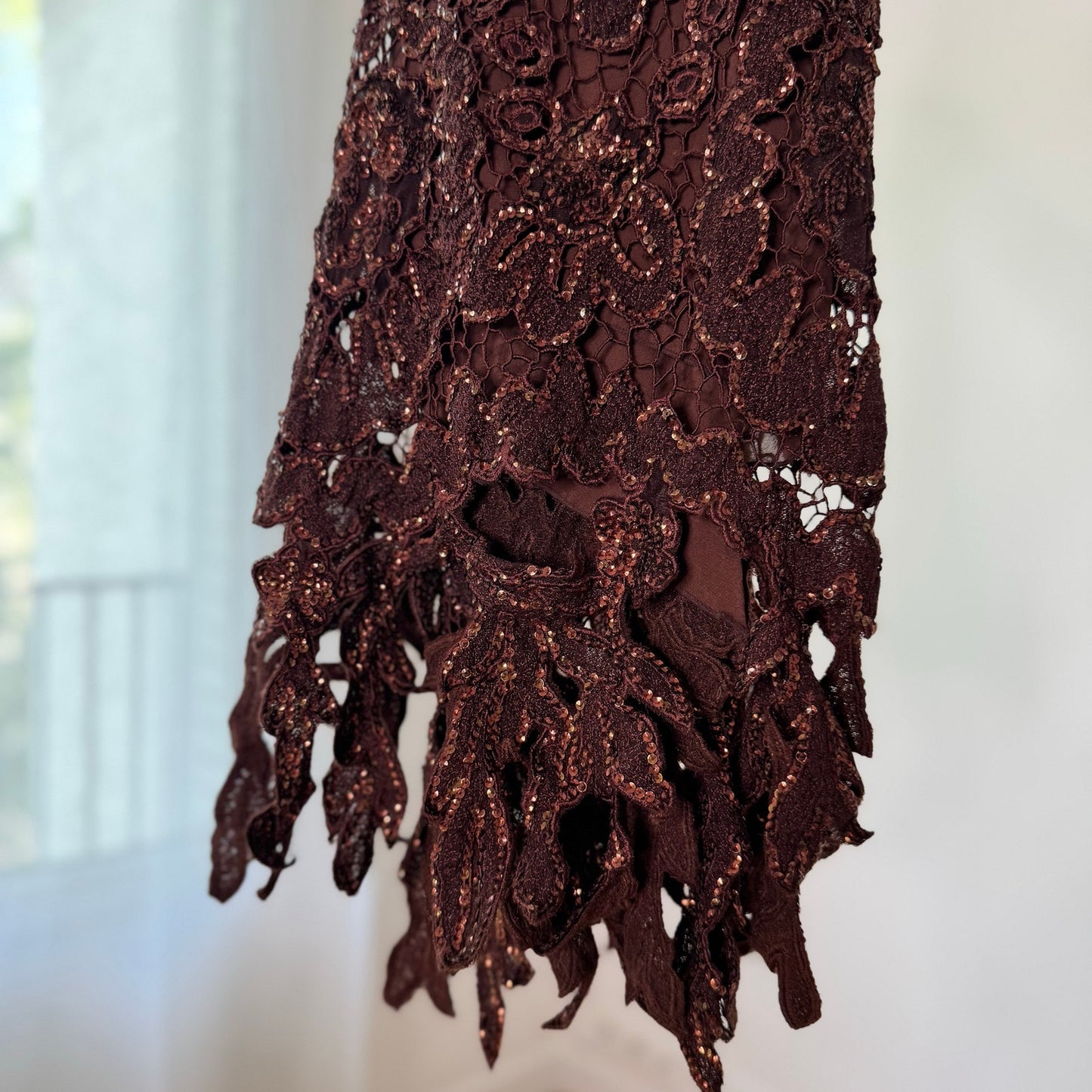 Vintage Brown Hand Beaded Silk Mesh Maxi Skirt Y2K (S)