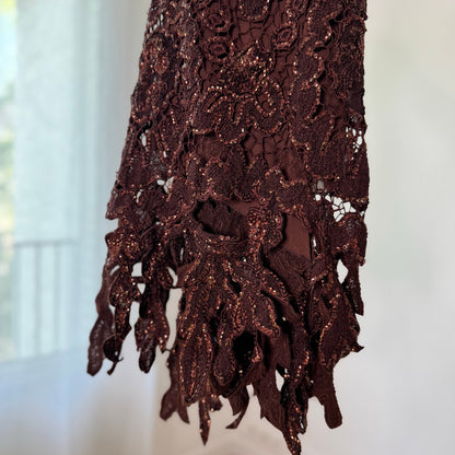 Vintage Brown Hand Beaded Silk Mesh Maxi Skirt Y2K (S)