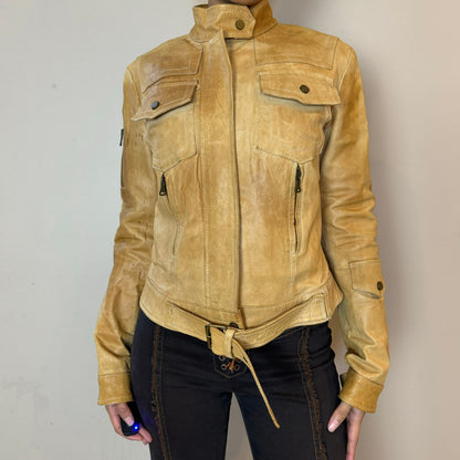 Vintage 90s Belted Fitted Camel Tan Leather Moto Jacket (S)