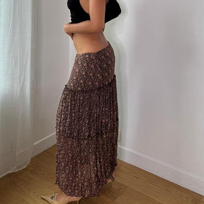 Vintage Brown Pink Floral Pleated Mesh Maxi Skirt Italian Y2K (M)