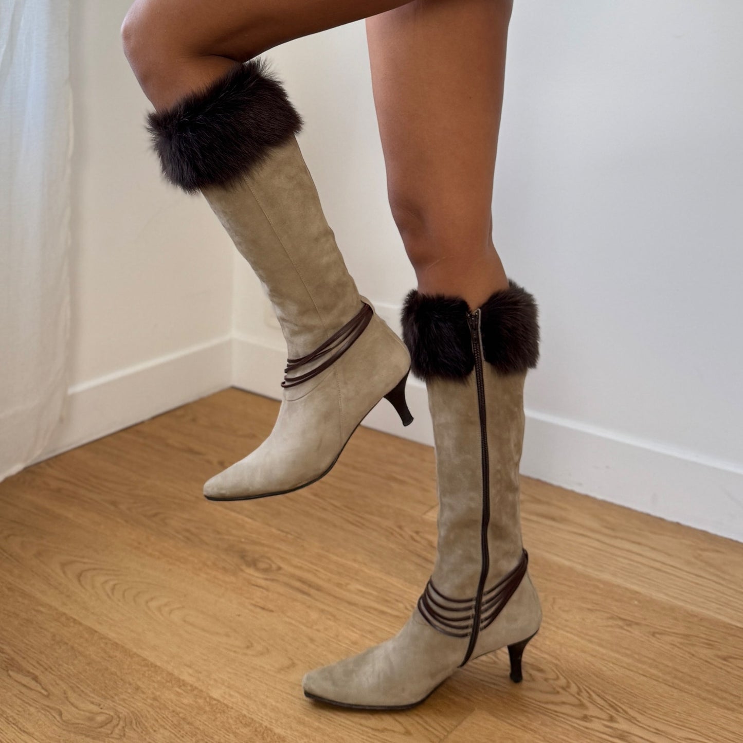 Vintage Italian Suede Knee High Boots Fur Trim Handmade (EU 38 / US 8)