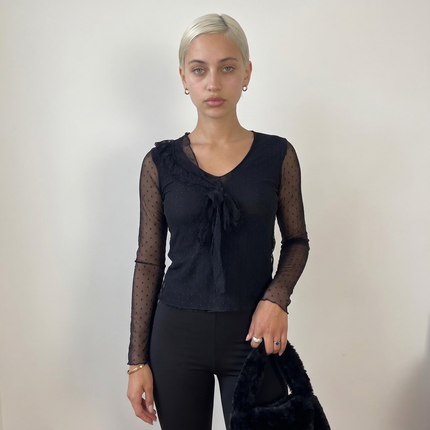 Vintage Italian Black Polka Dot Mesh Top Sheer Cotton Y2K Long Sleeve (S)