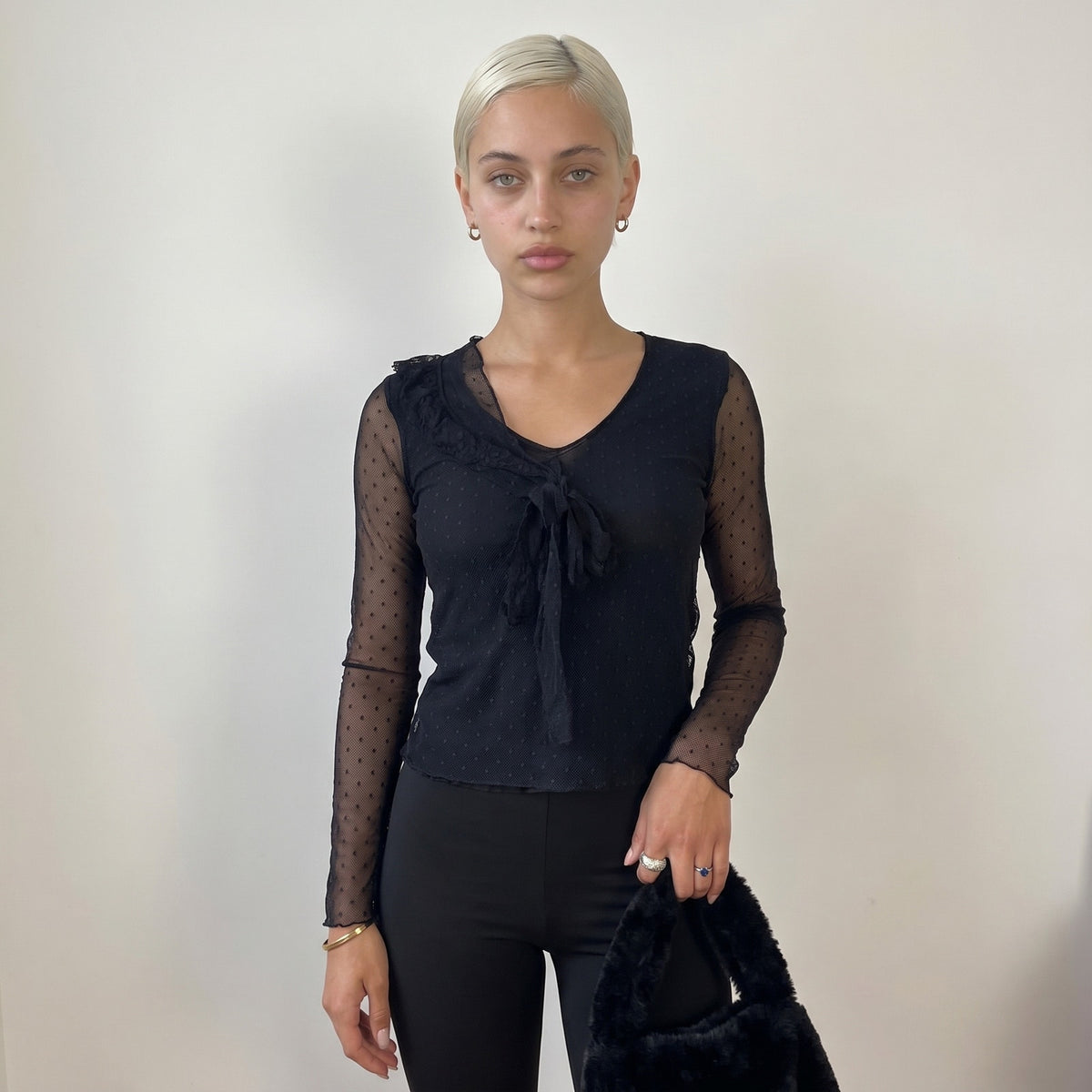 Vintage Italian Black Polka Dot Mesh Top Sheer Cotton Y2K Long Sleeve (S)