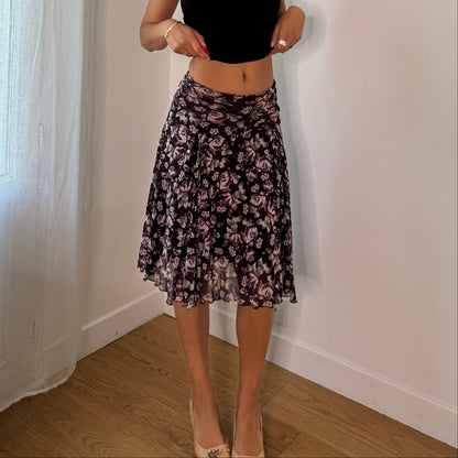 Vintage Kookai Purple Pink Floral Mesh Midi Skirt French Y2K (XS)