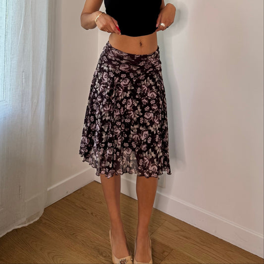 Vintage Kookai Purple Pink Floral Mesh Midi Skirt French Y2K (XS)
