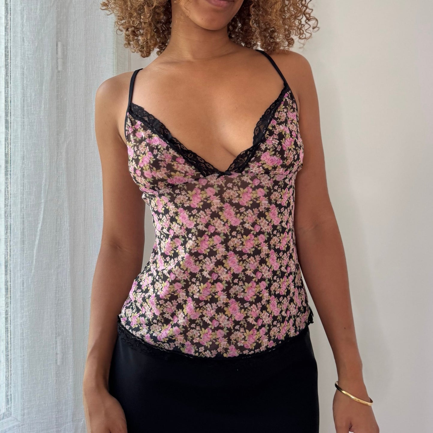 Vintage Floral Mesh Lace Cami Top Sheer Italian Y2K (S)