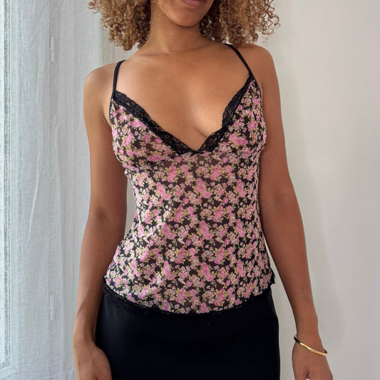 Vintage Floral Mesh Lace Cami Top Sheer Italian Y2K (S)