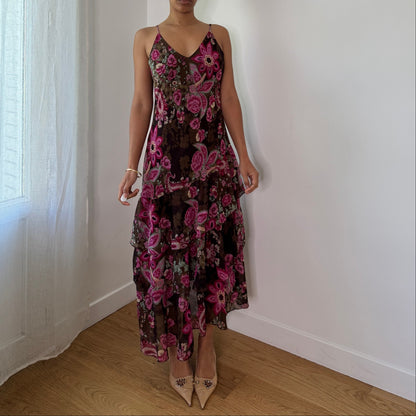 Vintage Brown Pink Floral Mesh Midi Dress Y2K Fairy Grunge Slip Dress (M) ⠀