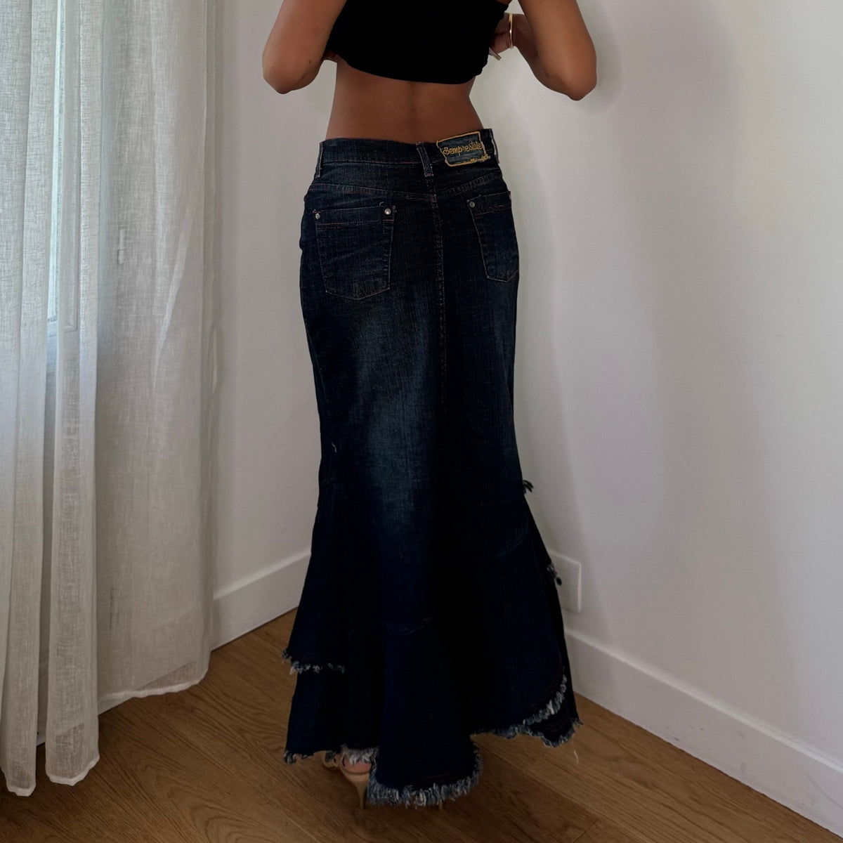 Vintage Italian Dark Blue Denim Tiered Maxi Skirt (S)