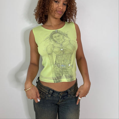Vintage Lime Green Graphic Mesh Tank Top Beaded Sequin Y2K Euro (S)