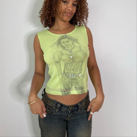 Vintage Lime Green Graphic Mesh Tank Top Beaded Sequin Y2K Euro (S)