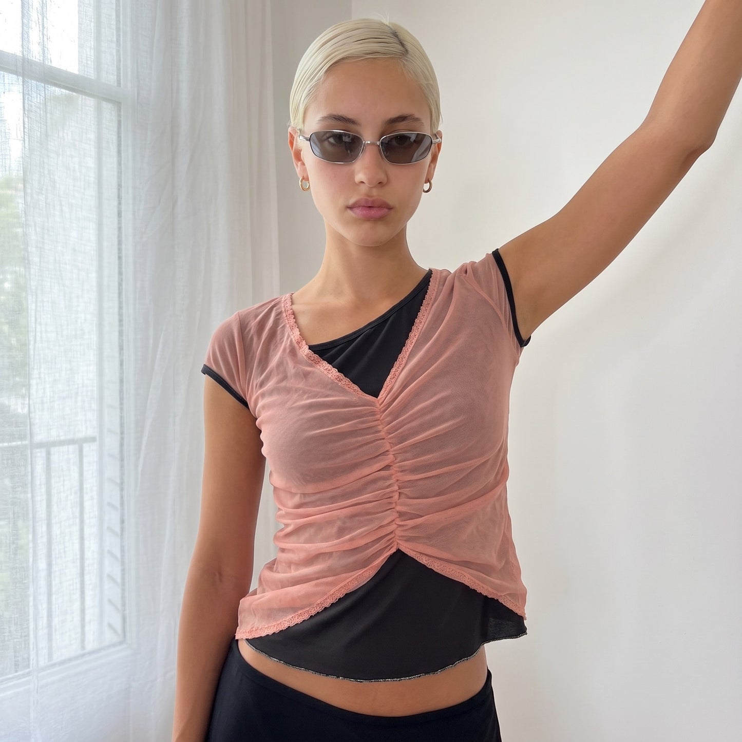 Vintage Layered Pink Mesh Ruched Top Sheer Italian Y2K (S)