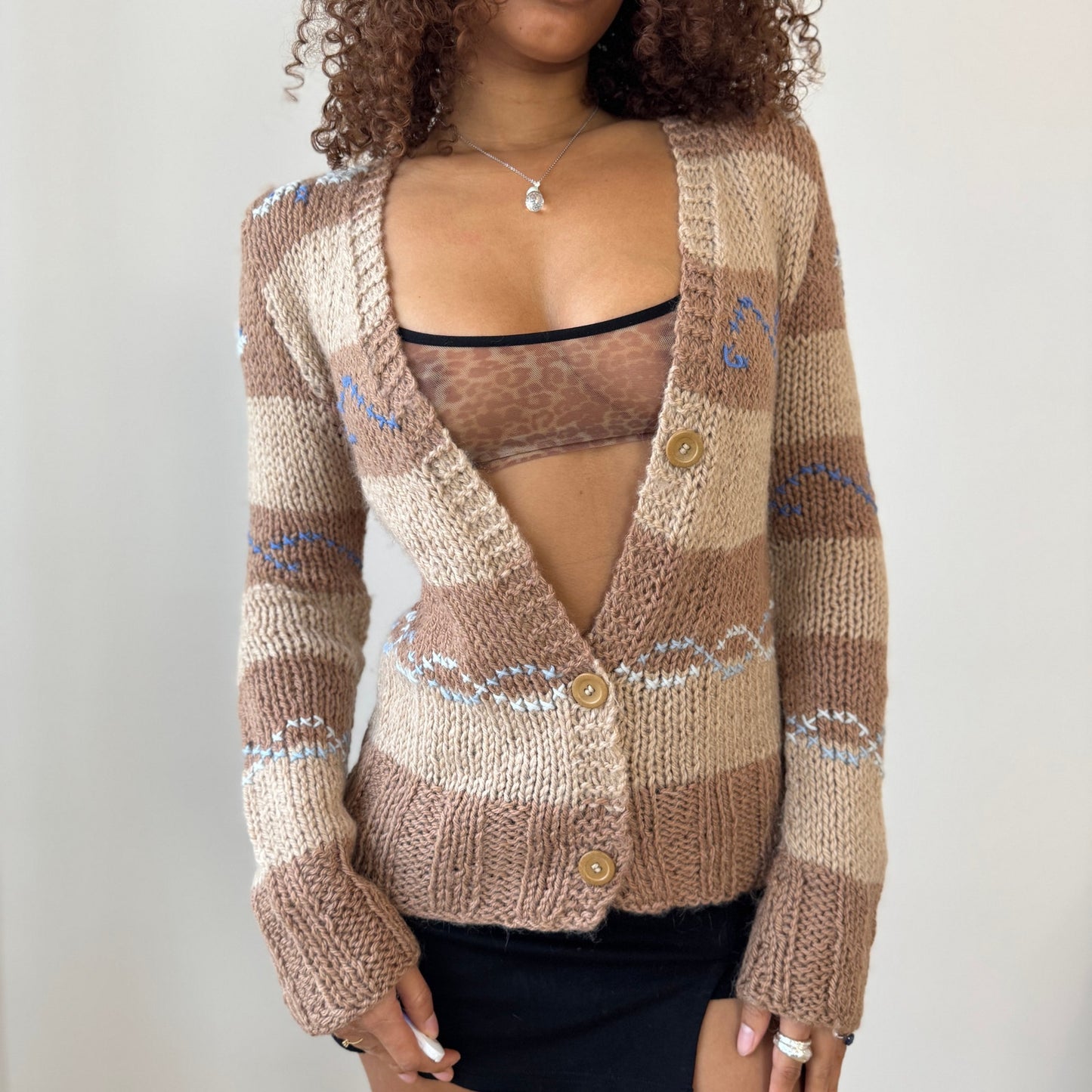 Italian Vintage neutral stripe hand-detail knit button cardigan (S/M)