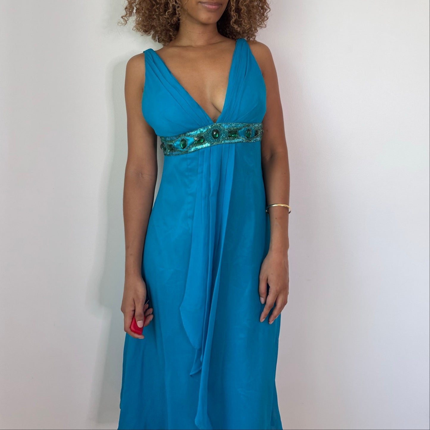 Vintage Turquoise Silk Beaded Empire Waist Midi Dress Italian Y2K (S)